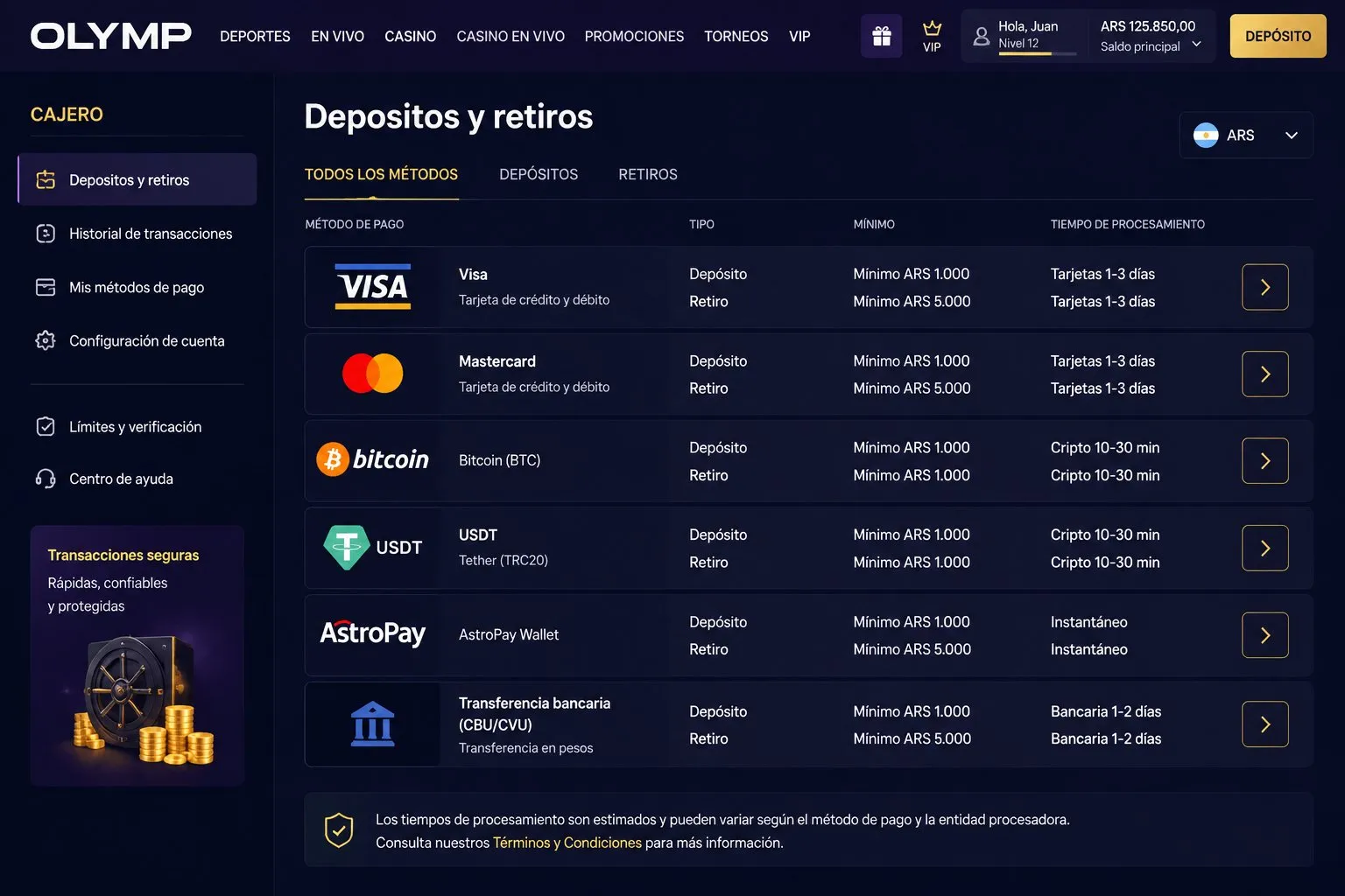 Métodos de pago y retiros de Olimp Casino en Argentina