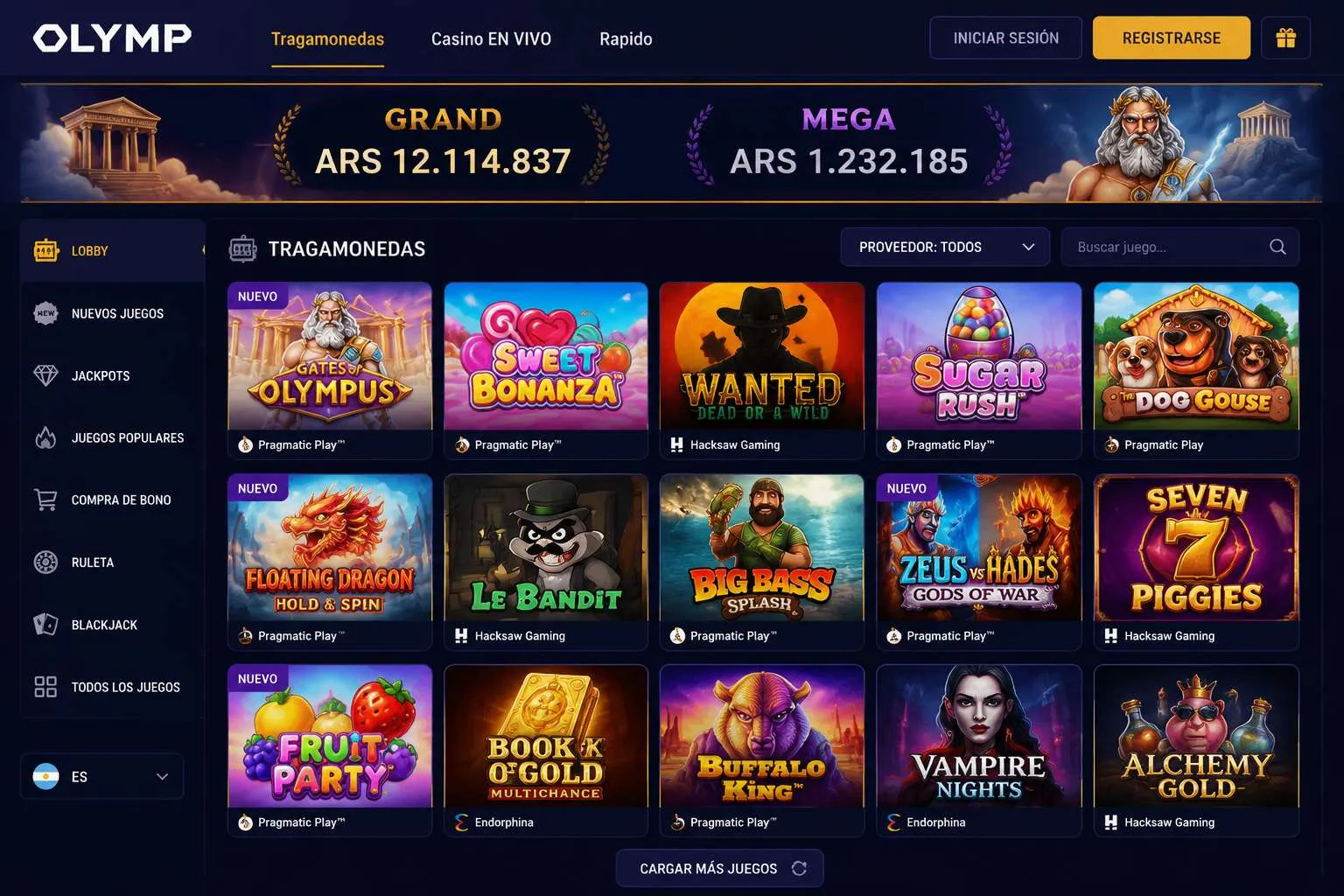 Tragamonedas y jackpots de Olimp Casino